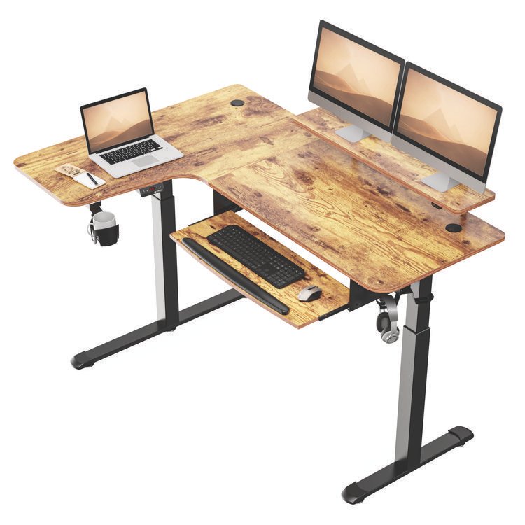 EUREKA ERGONOMIC L-Shaped Standing Desk with Keyboard Tray, Right Desk, 61.25" x 43.25" x 34.38" to 52.88", Rustic Brown/Black (EKAL61LRB)